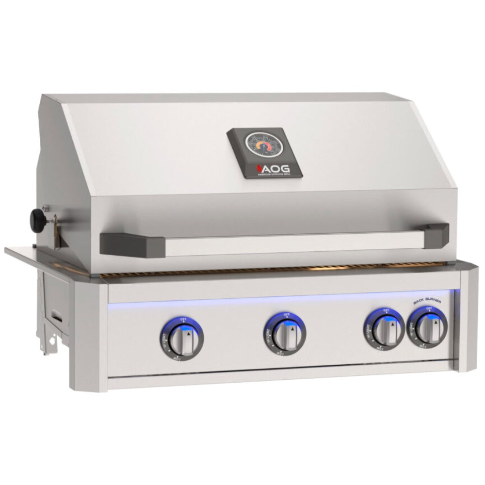 Built-in stainless steel gas grill with open lid and four control knobs