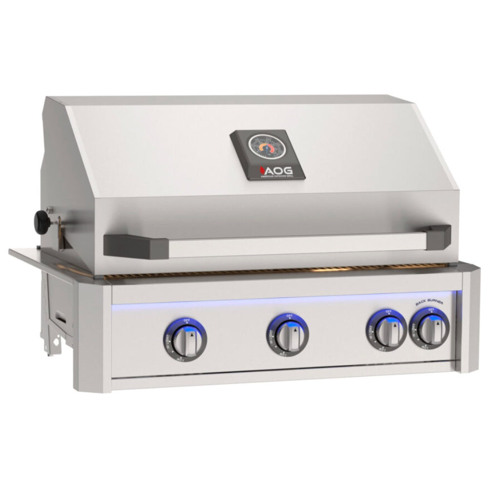 Built-in stainless steel gas grill with open lid and four control knobs