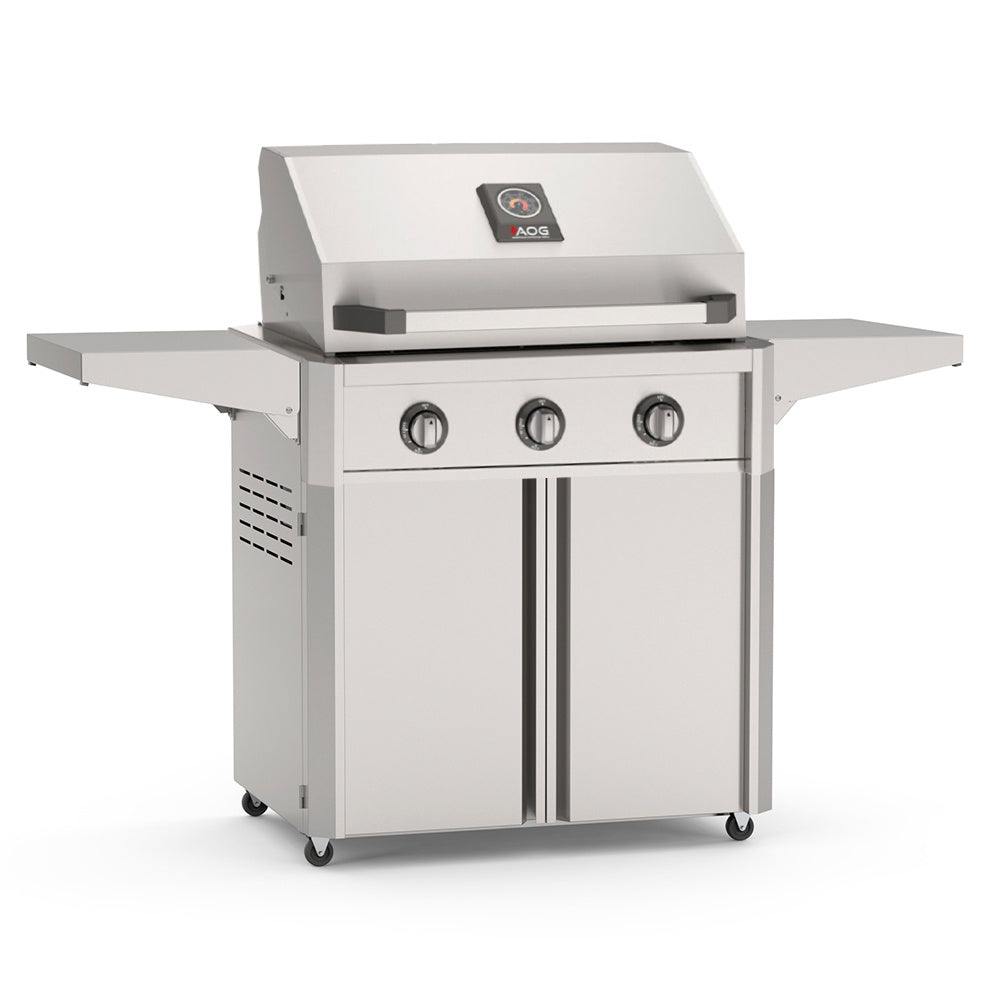 Freestanding gas grill with three control knobs, warming rack, white metal body.