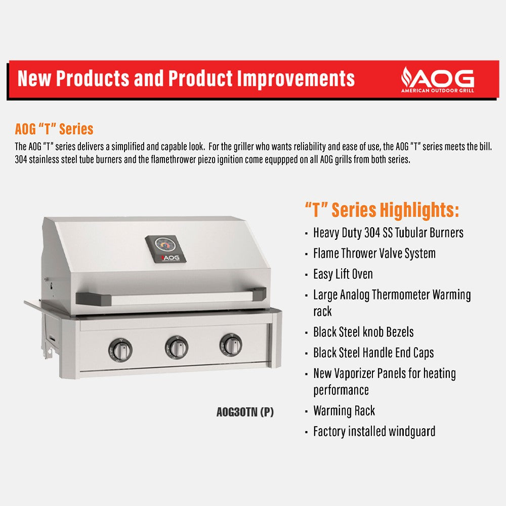 AOG T Series grill brochure page showing stainless built-in grill and feature highlights