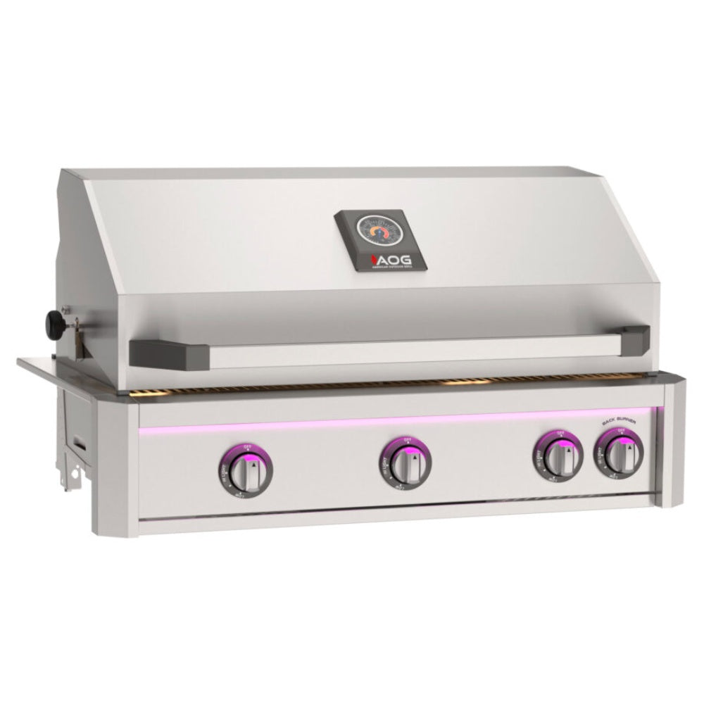 Built-in gas grill front with four stainless control knobs and lid-mounted AOG emblem