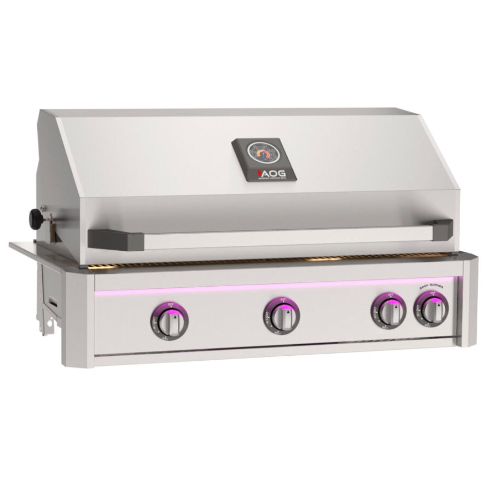 Built-in gas grill front view with purple-lit knobs and front warming light bar