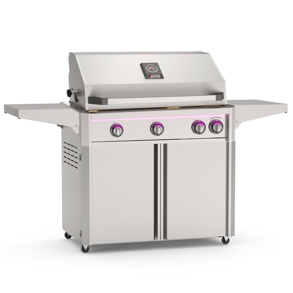 Freestanding 36-inch gas grill with stainless hood, four purple control knobs, side shelf