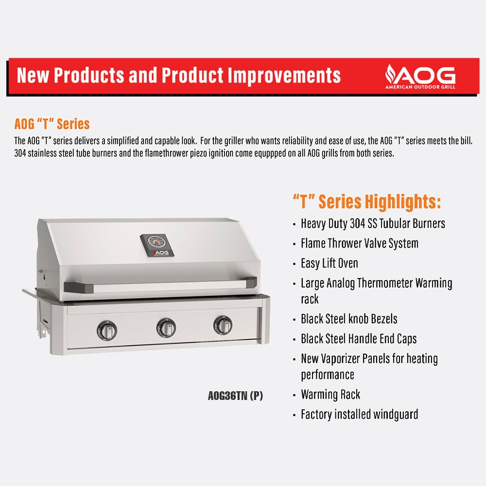 AOG T-Series gas grill brochure slide with controls and feature highlights