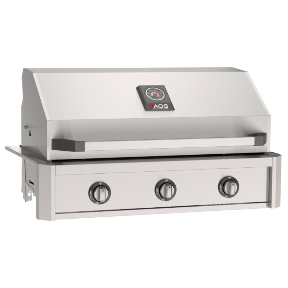 Built-in gas grill with stainless lid, AOG logo, and three front control knobs