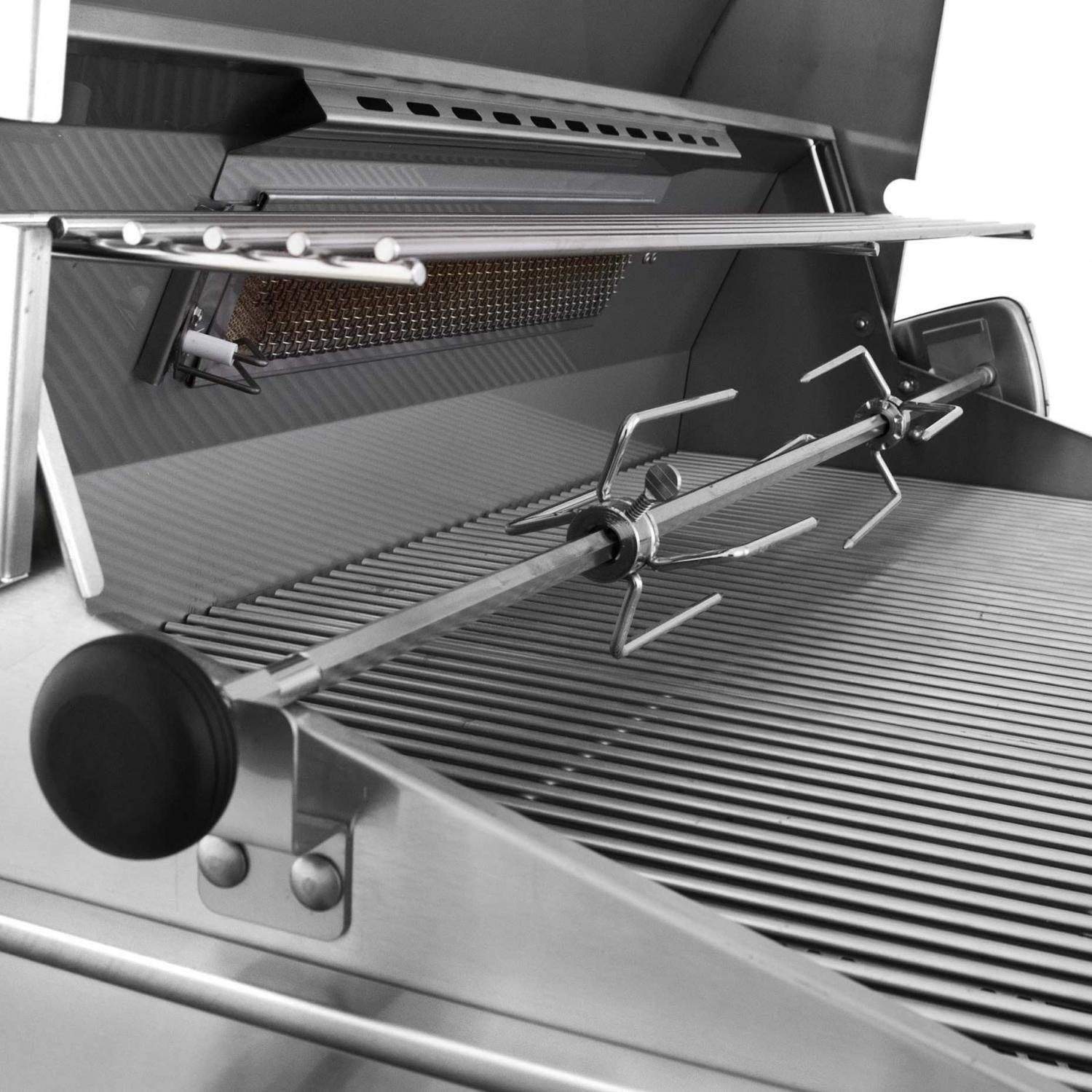 Open stainless gas grill with side burner and cooking grates