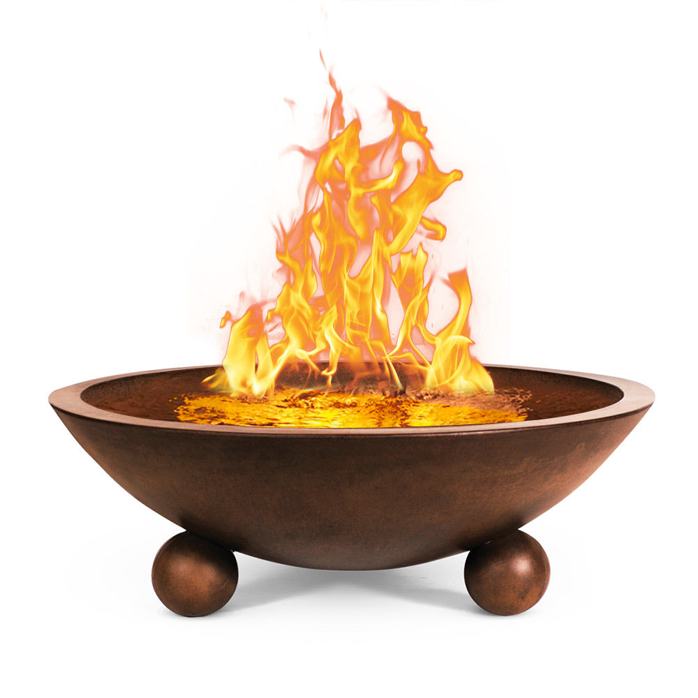 Round outdoor fire bowl with open flame burning in center on three legs