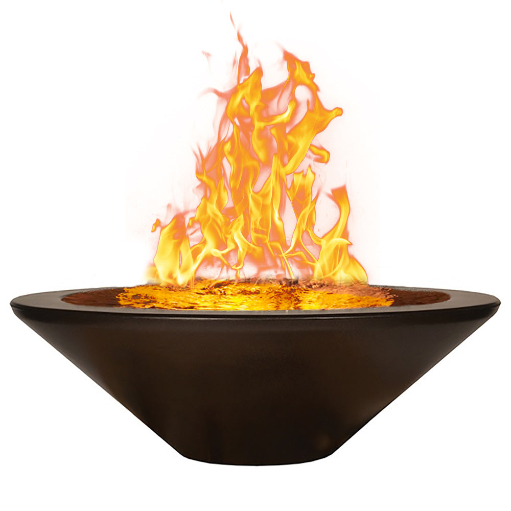 Round dark fire bowl with bright flames rising from the center