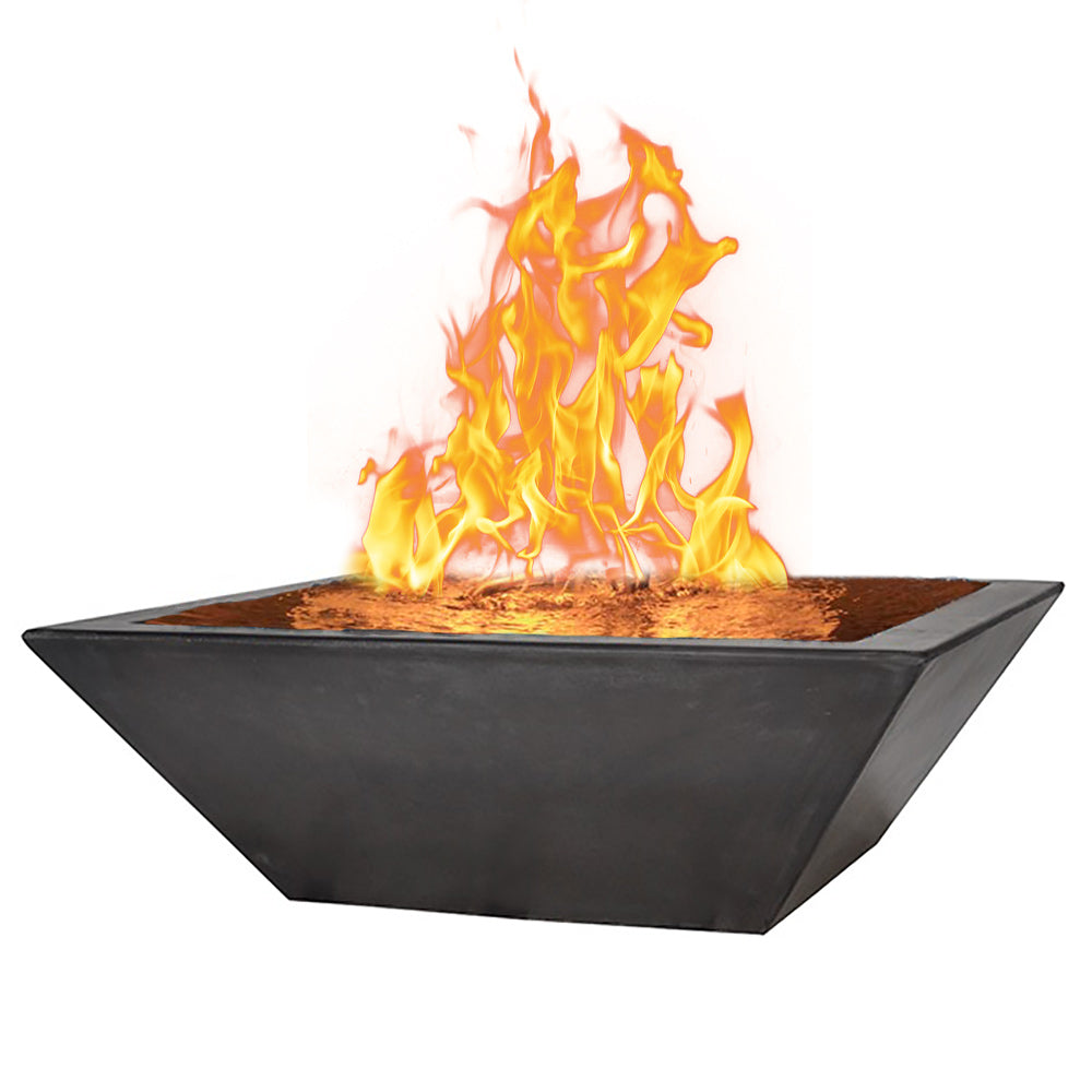 Square fire bowl with glowing flames rising from dark basin