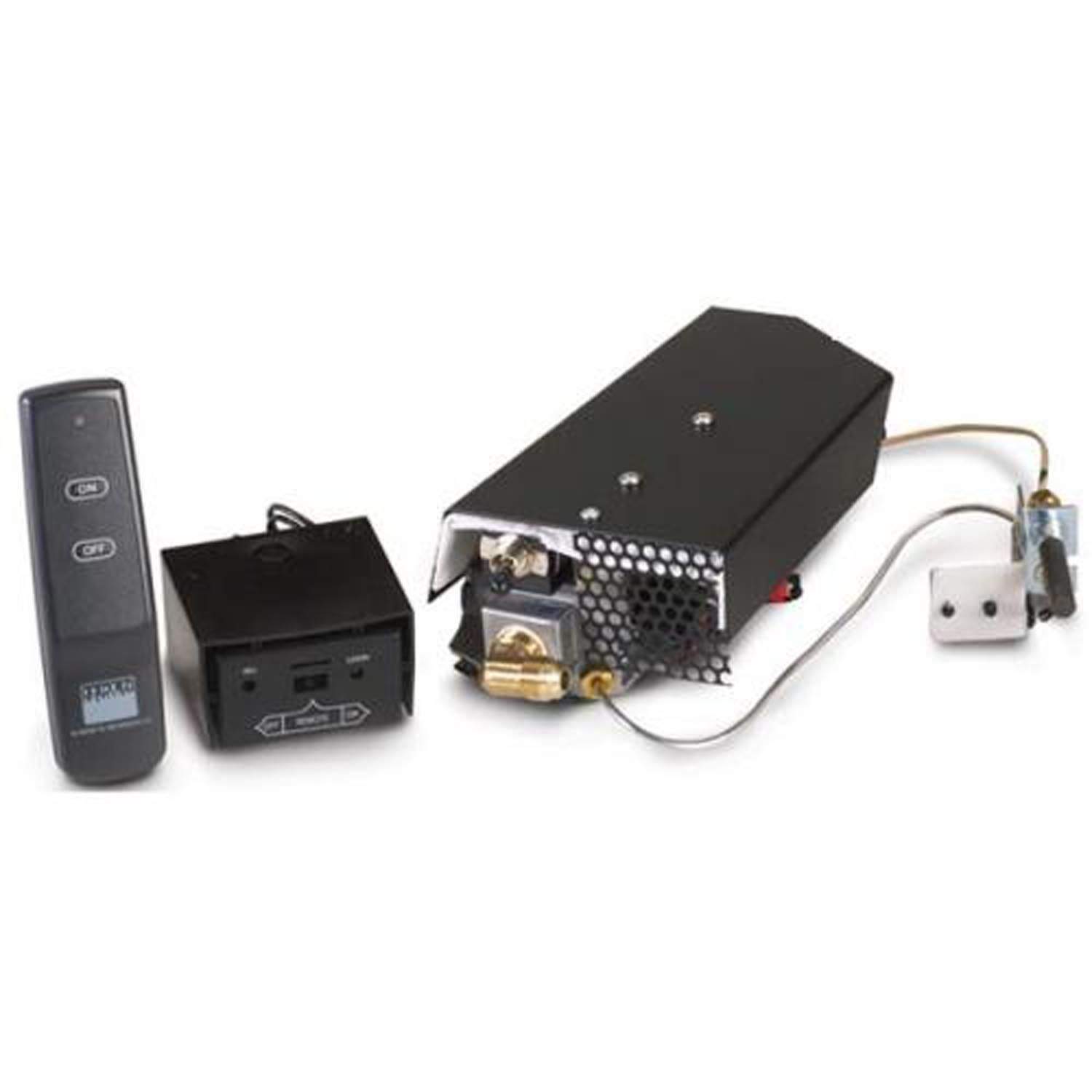 Safety pilot kit components with black control box, remote, wiring, and ignition module
