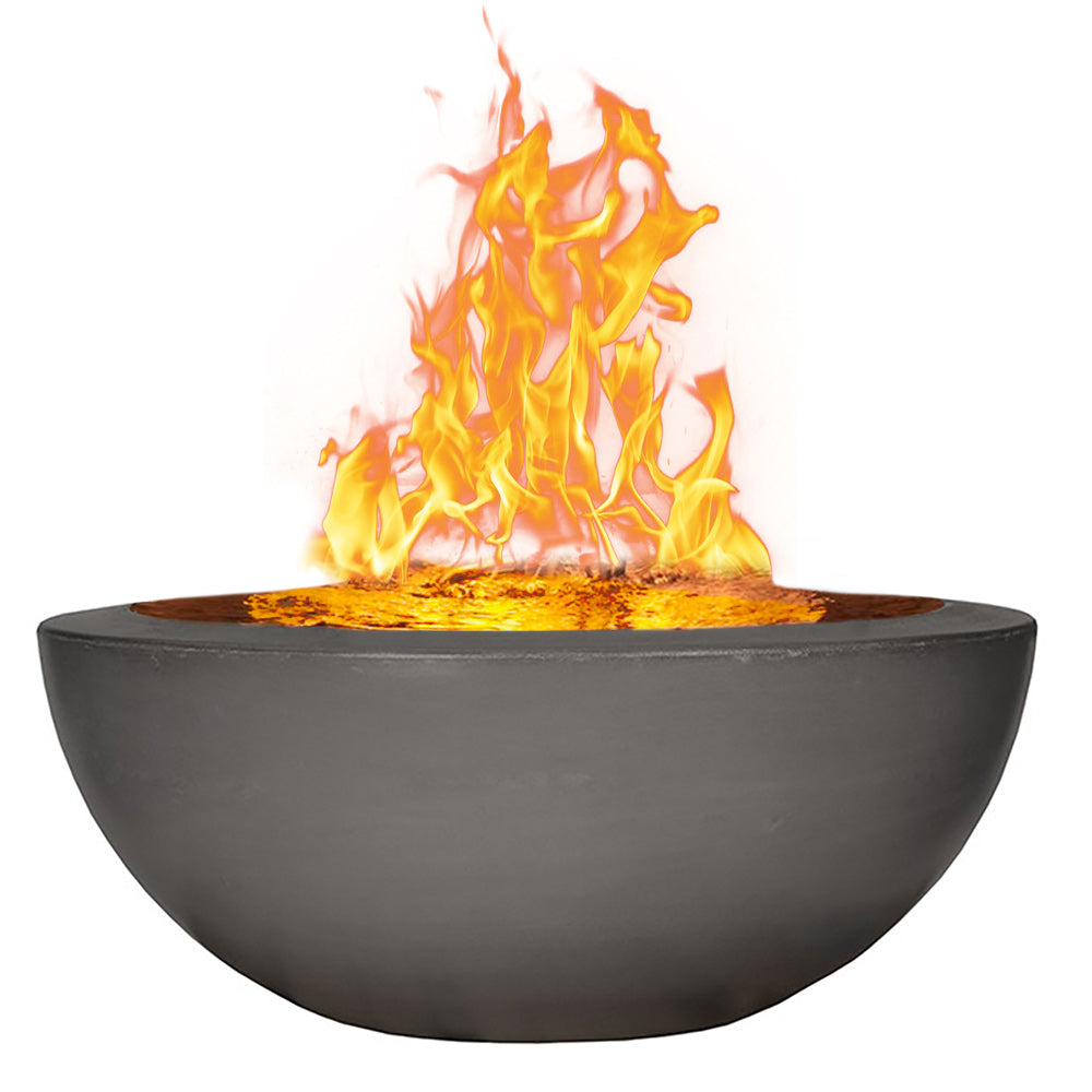 Round GFRC fire bowl with orange flames, dark matte finish