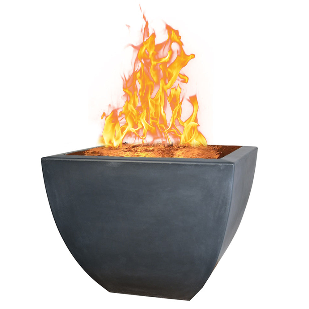 Square GFRC fire on water vase with dark concrete finish and open flame rising