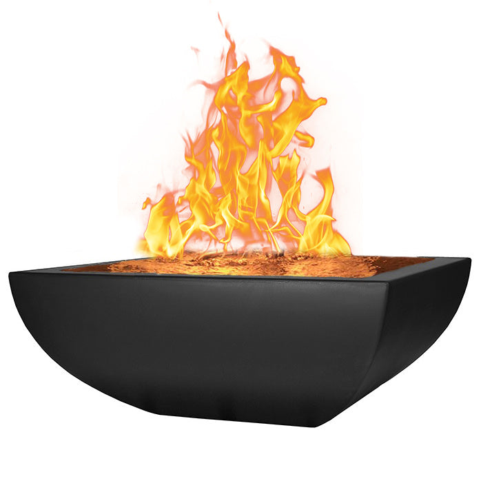 Square GFRC fire bowl with orange flame in black water basin