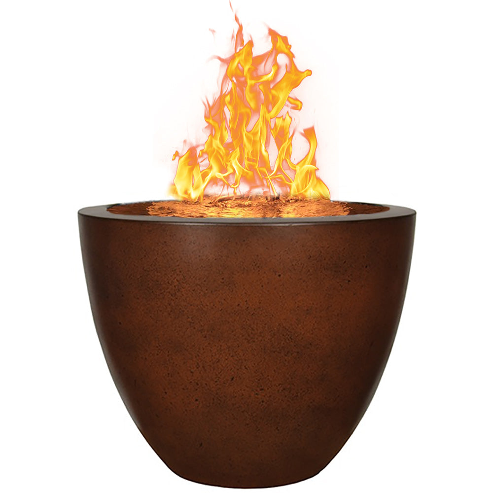 Round concrete fire pit vase with orange flames rising from the center
