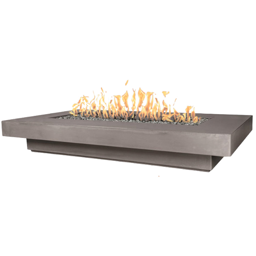 Rectangular outdoor fire table with dark gray top and visible flame bed