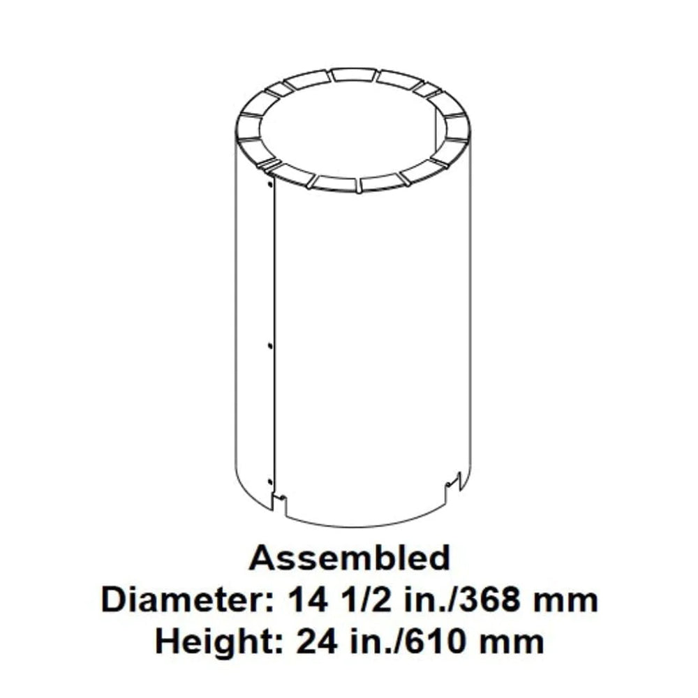 Metal flue insulation shield, cylindrical sleeve with raised top ring and side slots