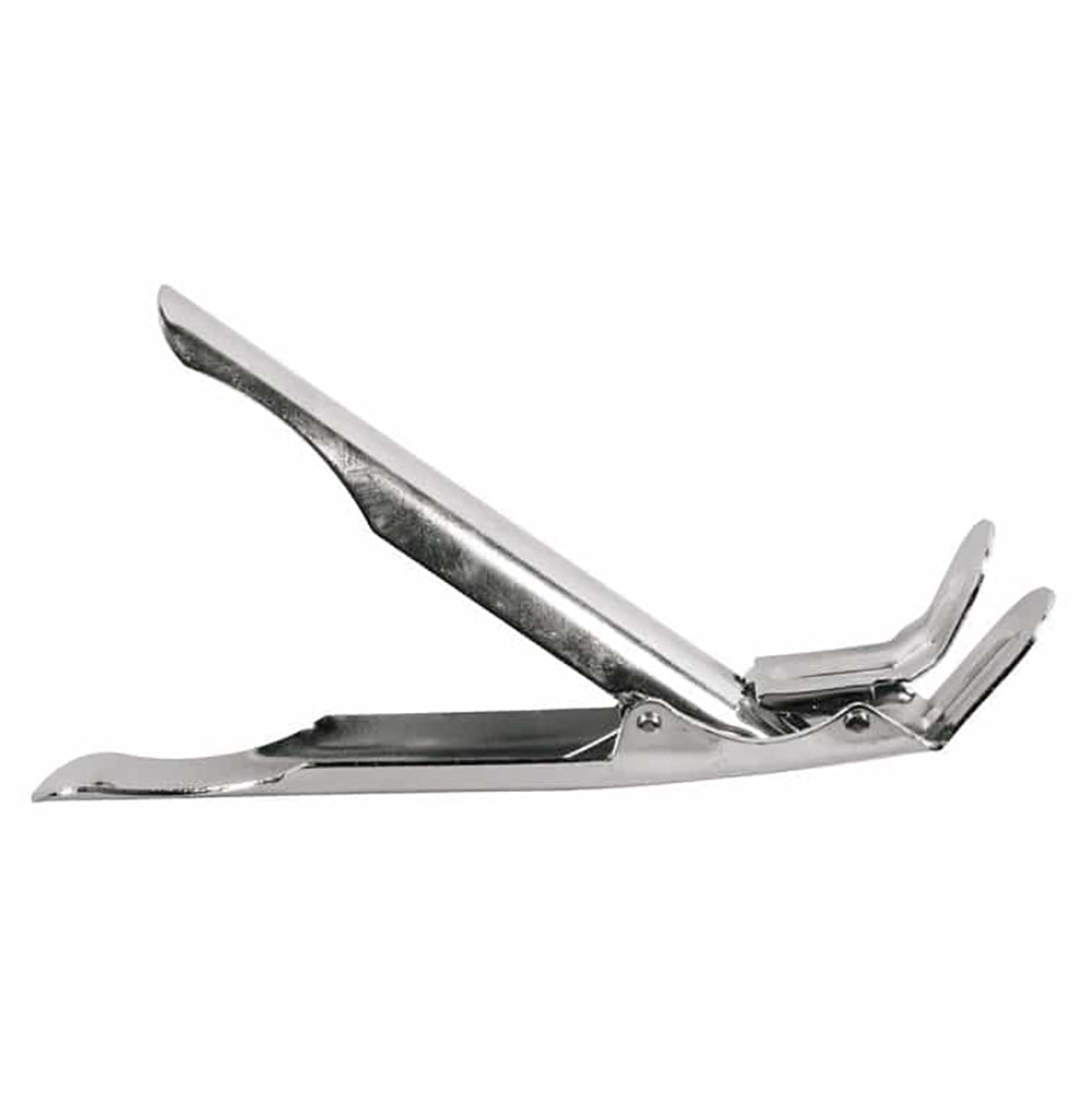 Metal grate gripper tong-style clamp with curved gripping ends and latch