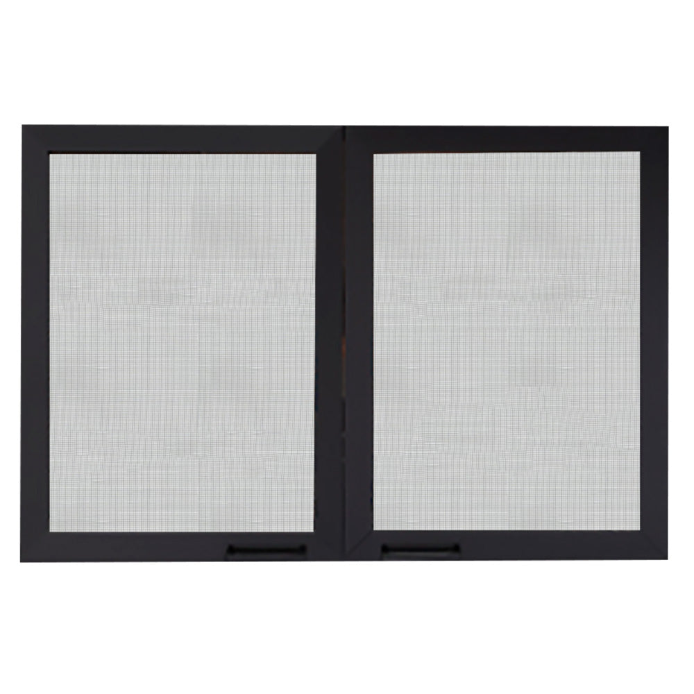 Black operable mesh fireplace doors with two rectangular mesh panels