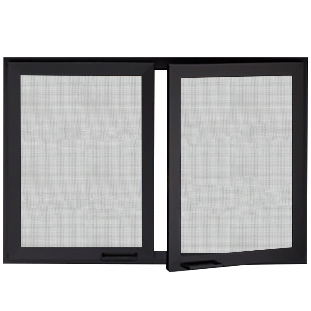 Operable mesh fireplace doors with dark frame, two light mesh panels, center latch