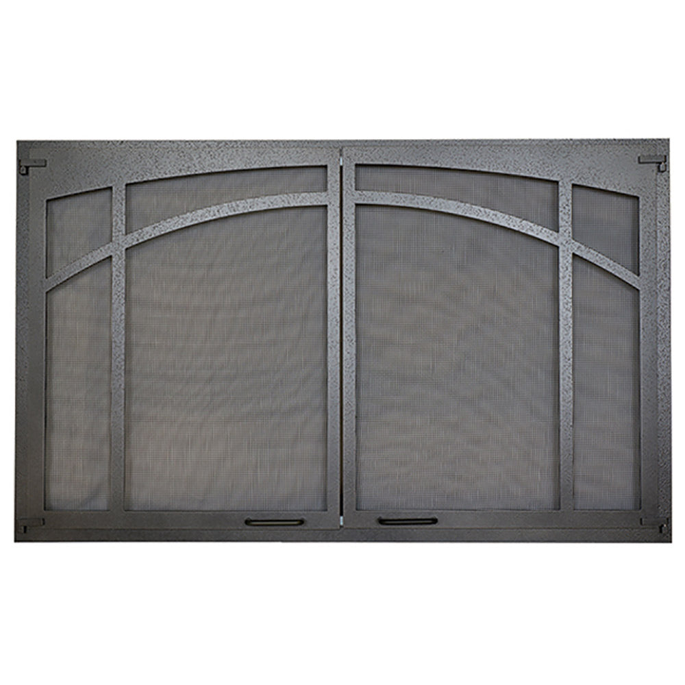 Iron arched screen door with textured metal frame and three arched panels