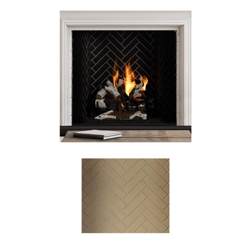 White wood burning fireplace with tan herringbone panel swatch and burning logs