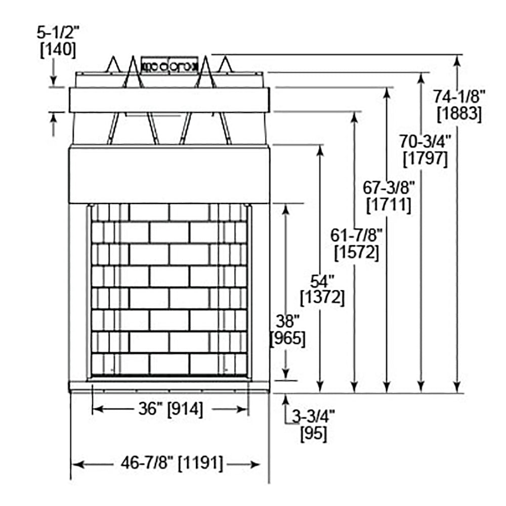 Fireplace size diagram: 36 in width and 74 in height