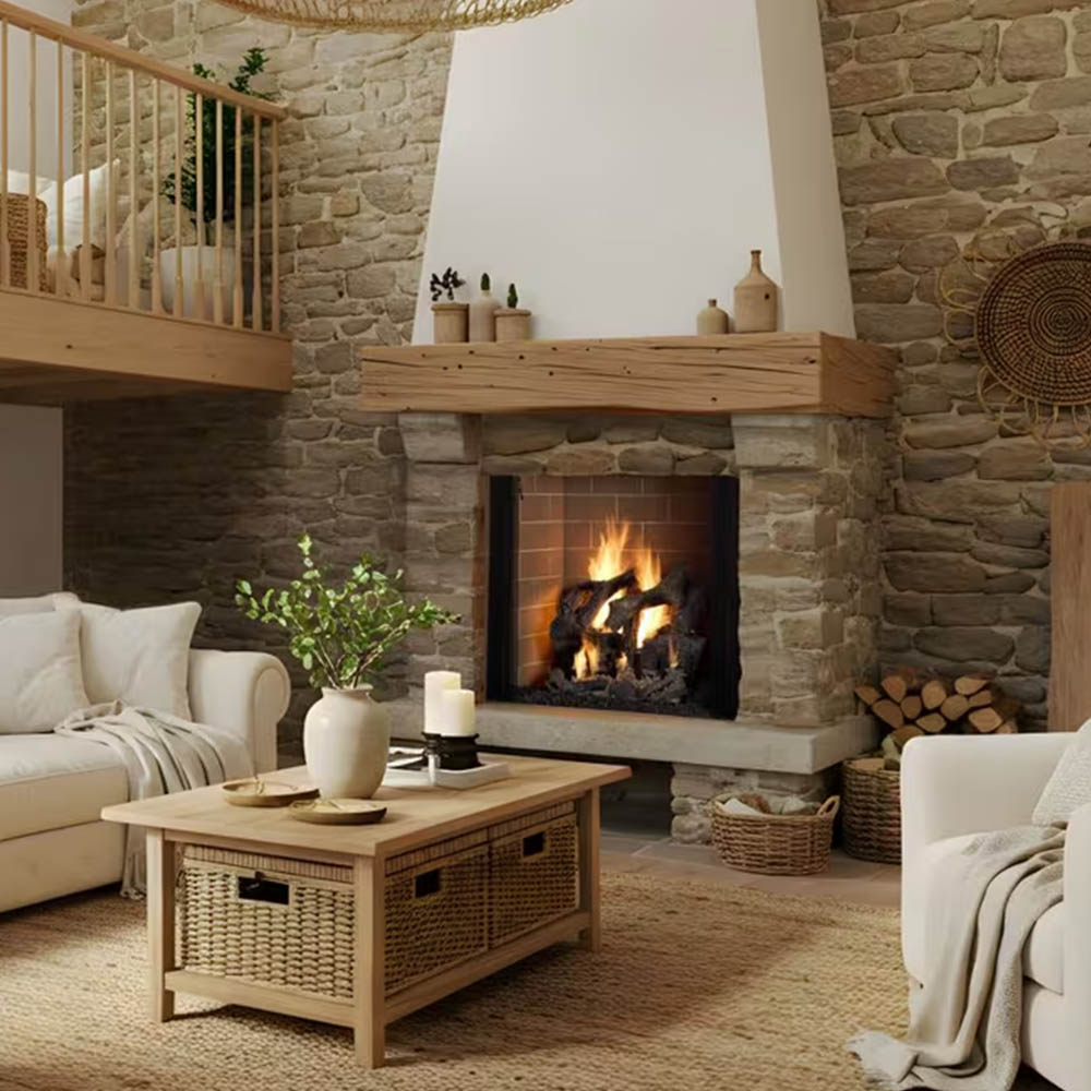 Stone fireplace with burning logs in a black herringbone firebox