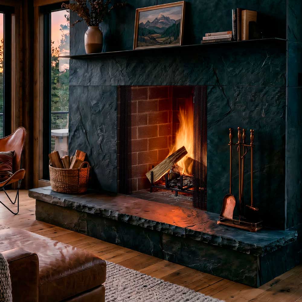 Dark stone fireplace with burning logs in a brick firebox and fireplace tools