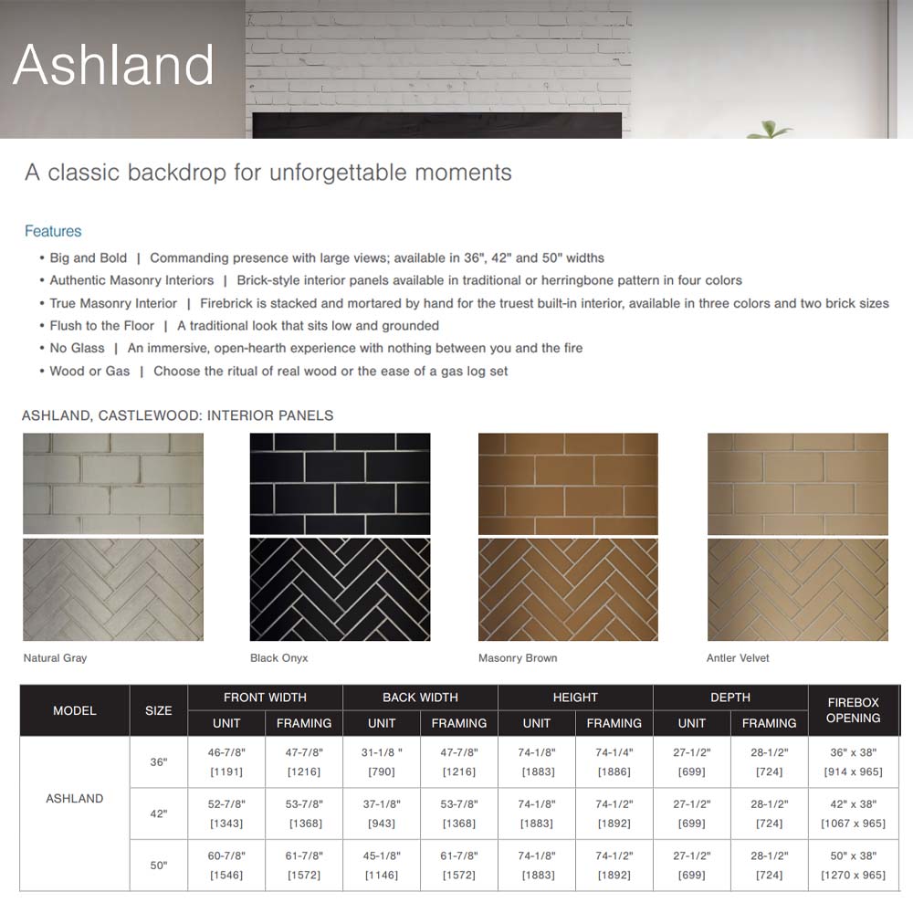 Fireplace Ashland model features and interior panel spec chart