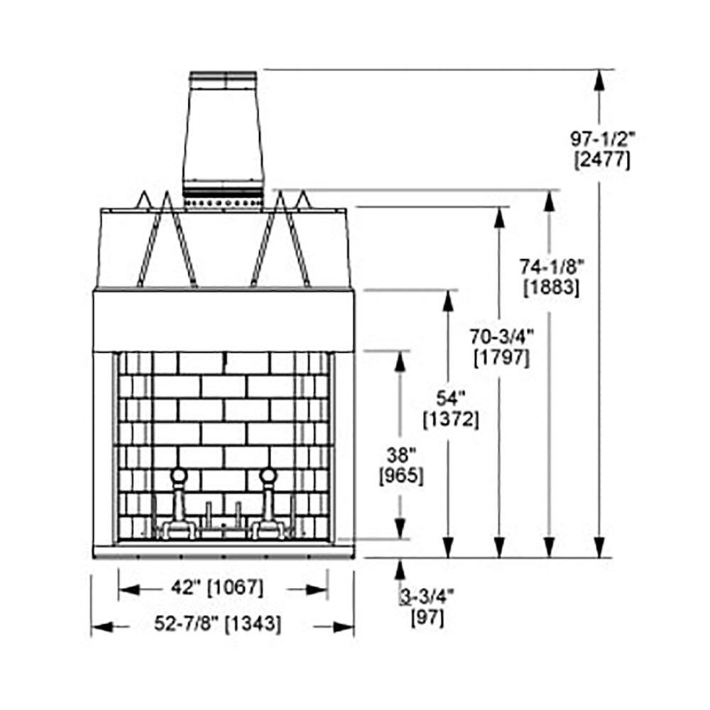 Wood burning fireplace dimensions diagram showing firebox and top opening