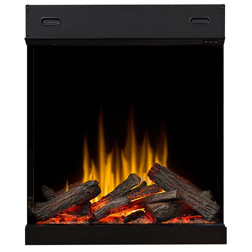 Black built-in electric firebox with orange flames and dark log bed
