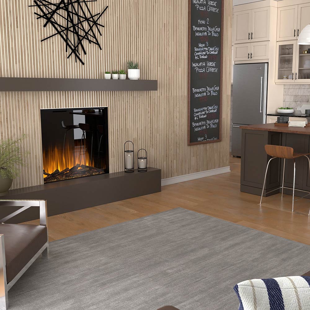 Black electric firebox insert with flame effect and dark logs