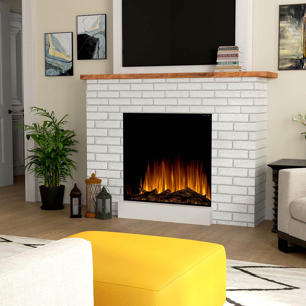 Electric firebox with flame effect and dark logs in white brick surround