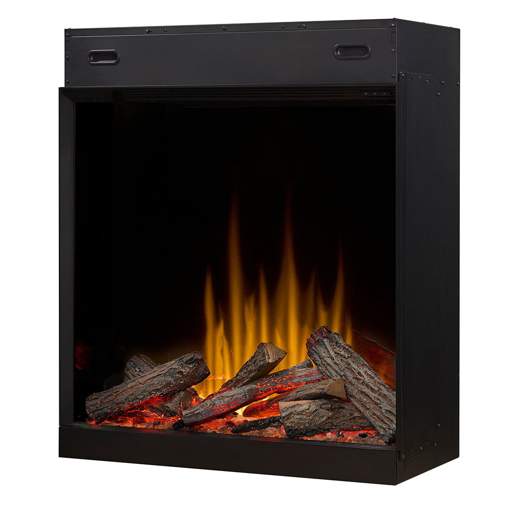 Black electric firebox with orange flames and dark logs, open front view