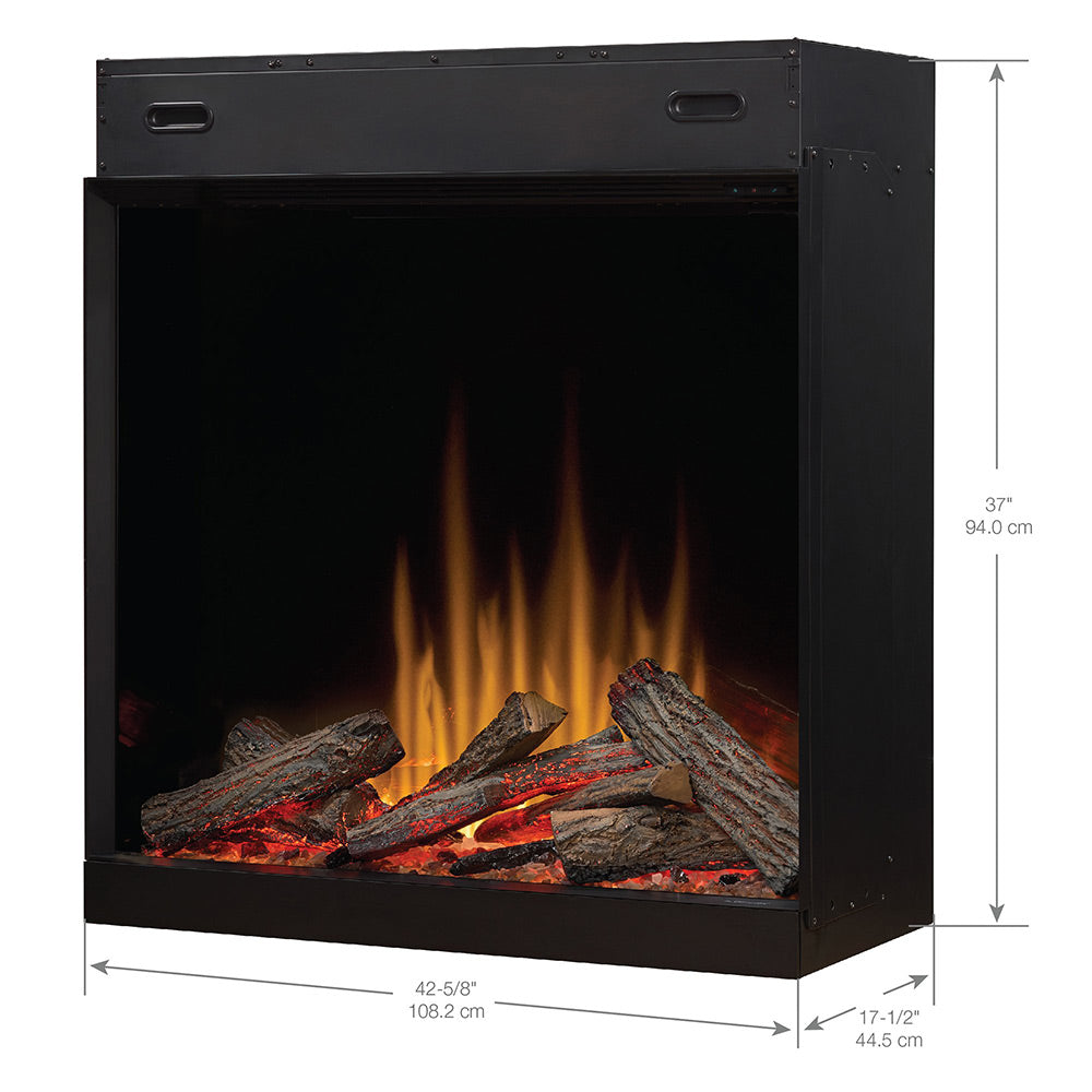 Black electric firebox with flame effect and dark logs, front view with size markers