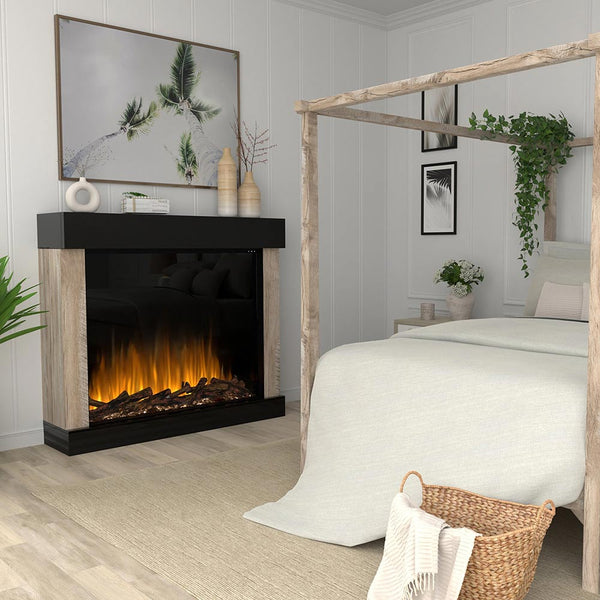 Built-in linear electric fireplace with log-and-ember flame, black mantel surround