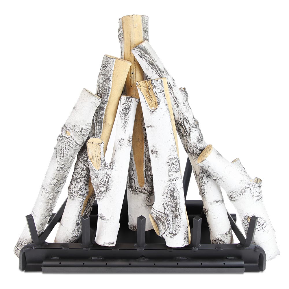 Vented gas log set with white and tan aspen-style logs on black burner base