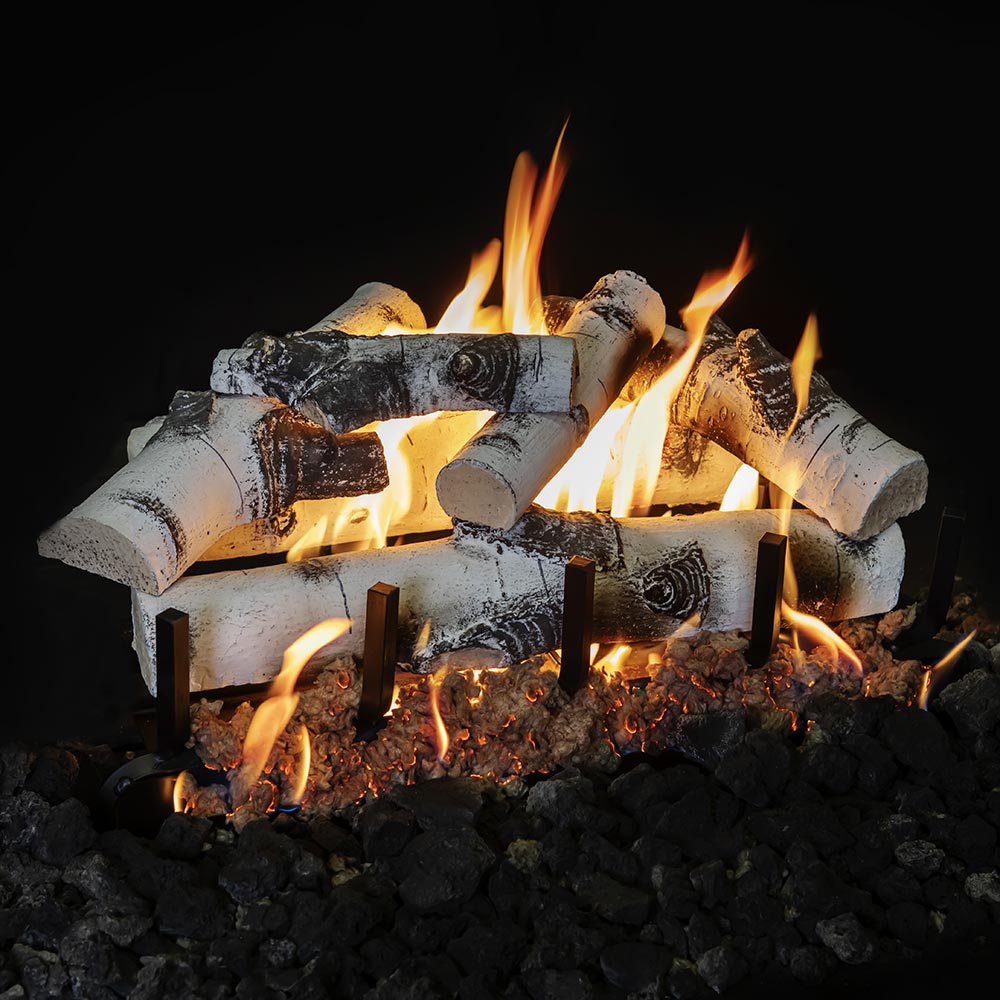 Double-sided gas log set with tall flames, light-gray logs, and dark embers in front