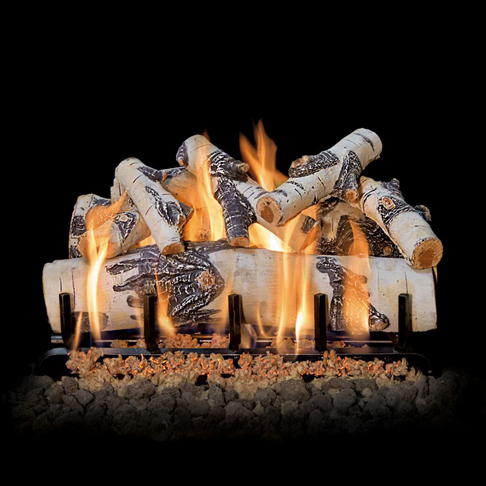 Vented gas log set with stacked light and dark logs, glowing flames in front