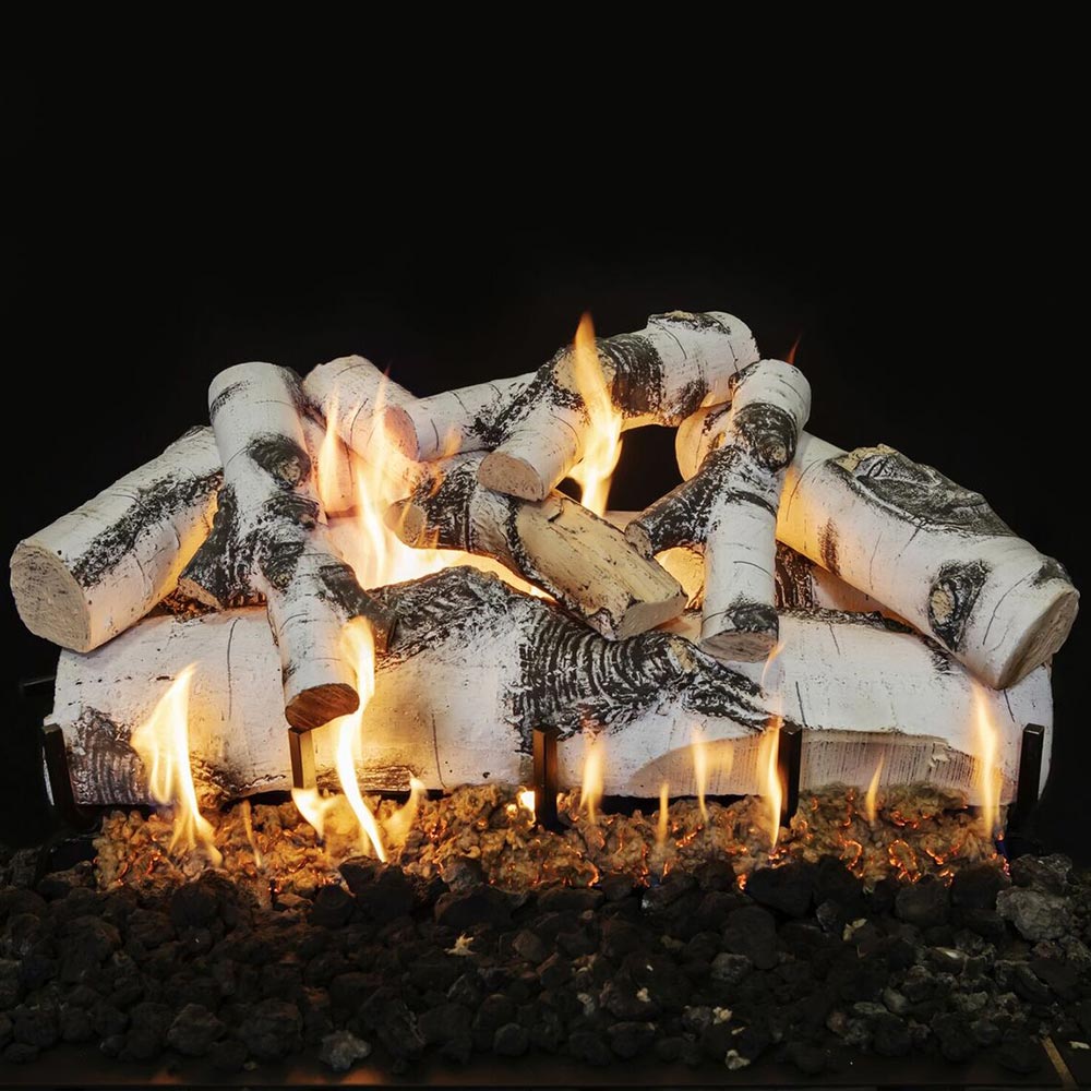 Dual-sided vented gas log set with burning aspen-style logs and glowing flames