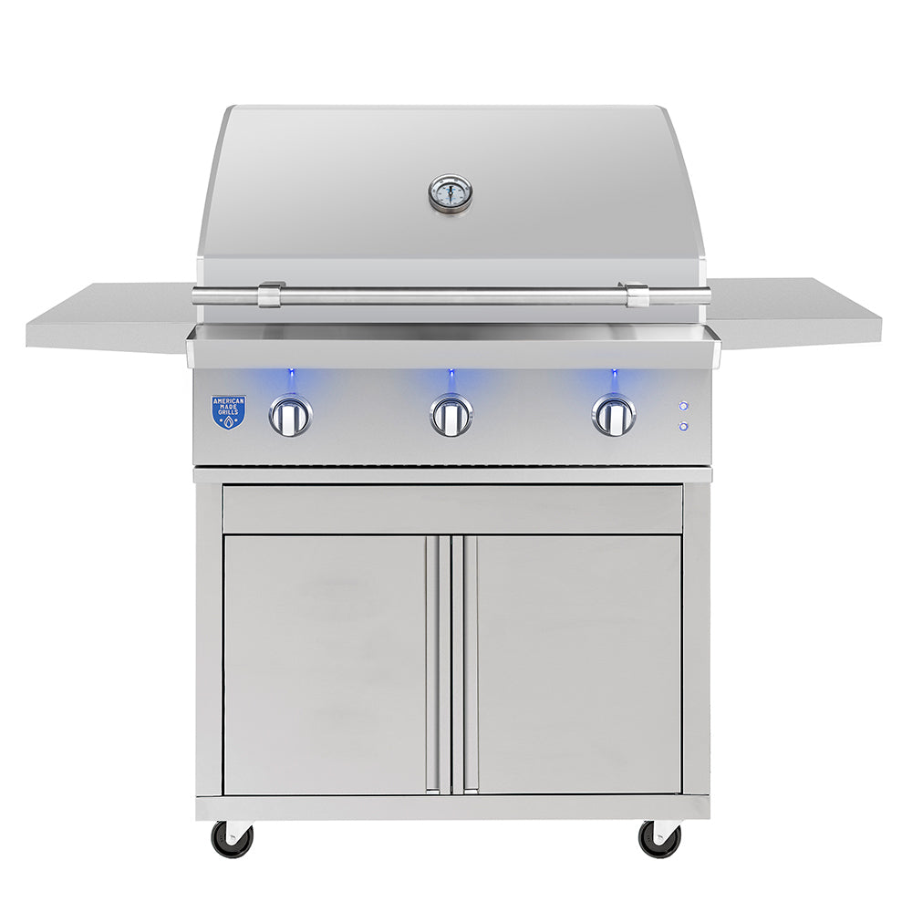 Stainless steel gas grill on cart with front control knobs and closed lid