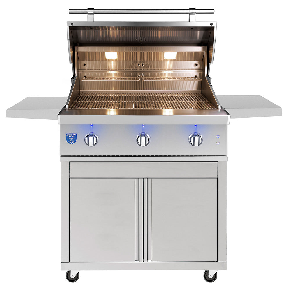 Stainless steel gas grill with lid open, cooking grates, and lit burners visible