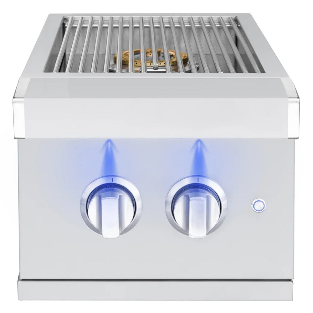 Built-in gas double side burner with two lit burners, stainless steel front and knobs.