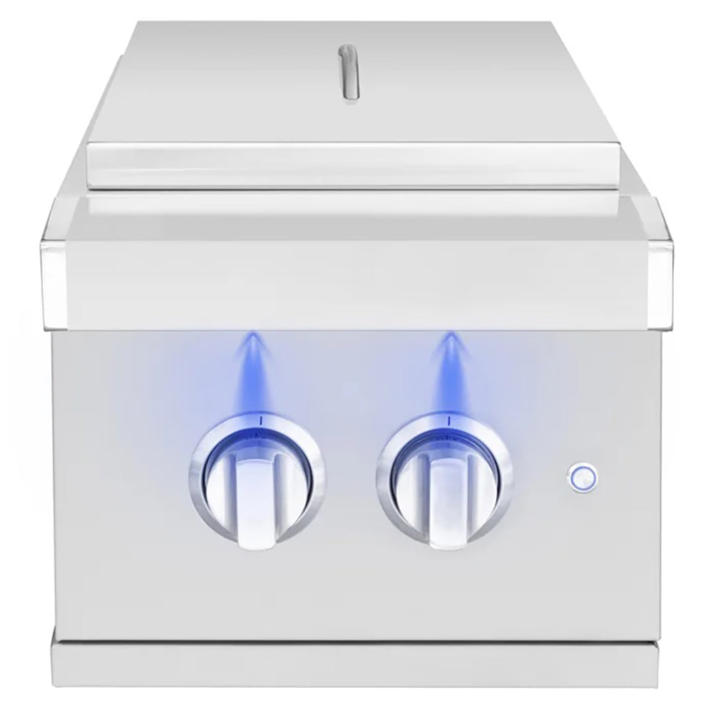 Built-in gas double side burner grill front panel with two control knobs, stainless steel.