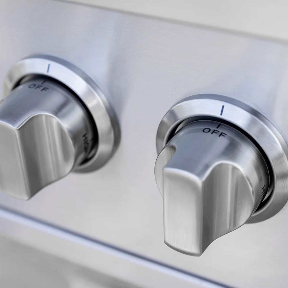 Stainless steel control knobs for built-in gas double side burner, marked OFF and high.