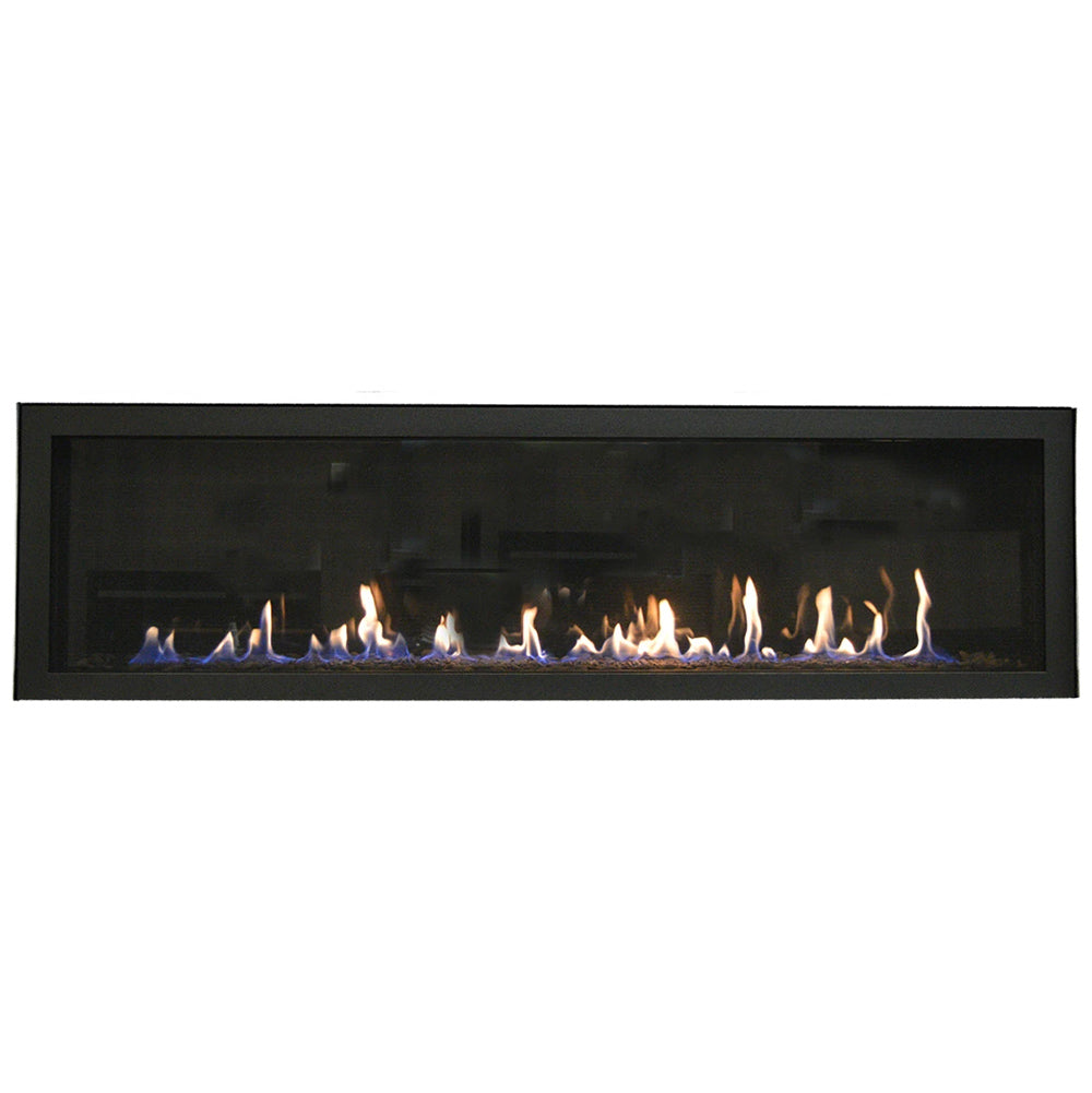 Linear gas fireplace with visible flames and rock media, set in a black wall surround.