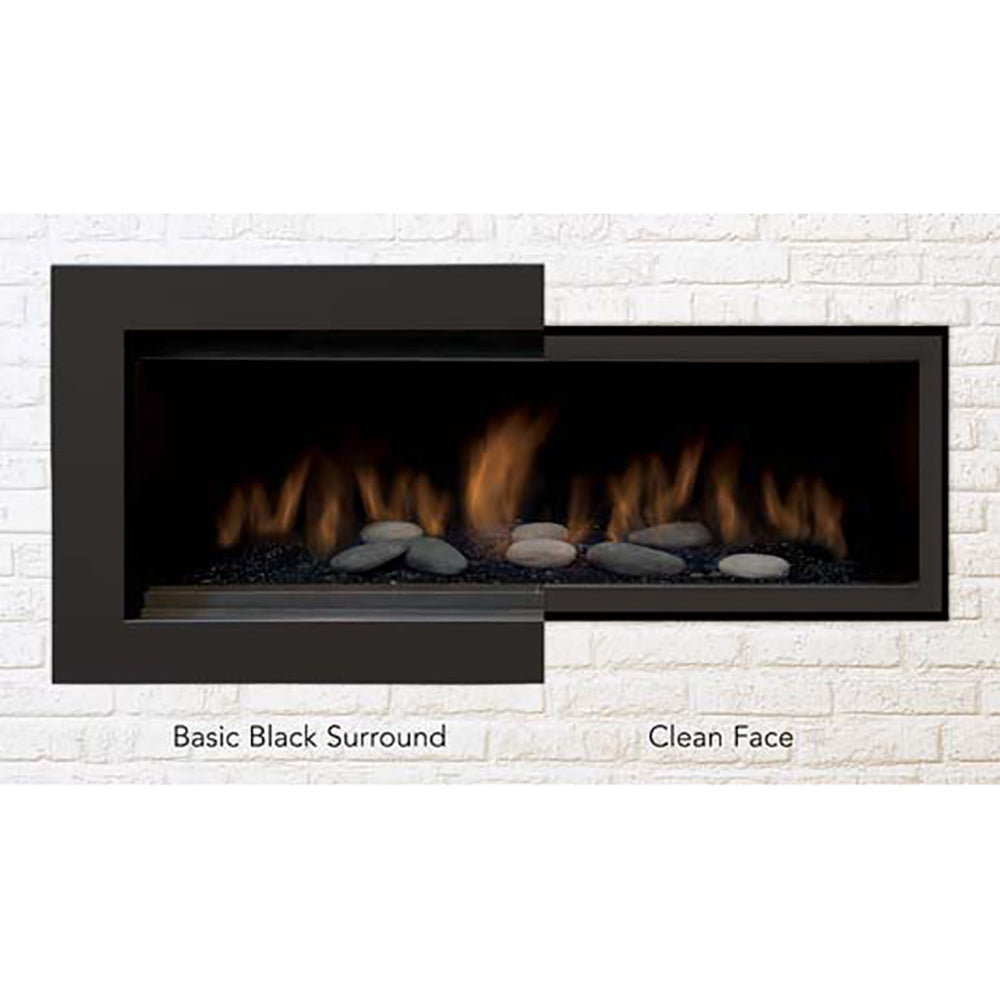 Linear gas fireplace front view with black surround and rocks, shown with two face options.