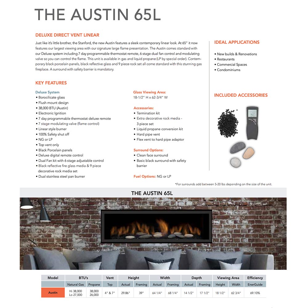 Product spec sheet page for a linear direct vent fireplace, titled “THE AUSTIN 65L”.