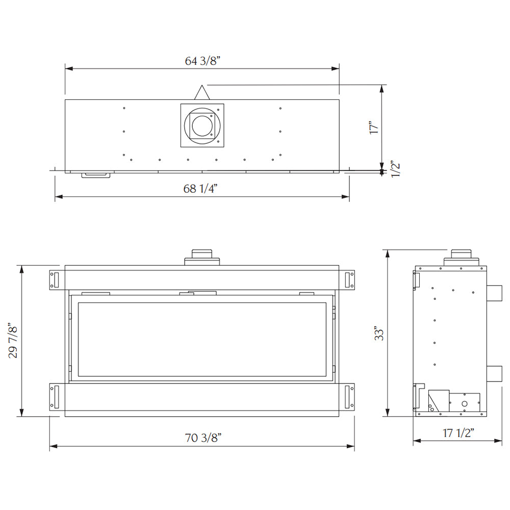 Technical dimension diagram for a 65-inch linear direct vent gas fireplace unit.