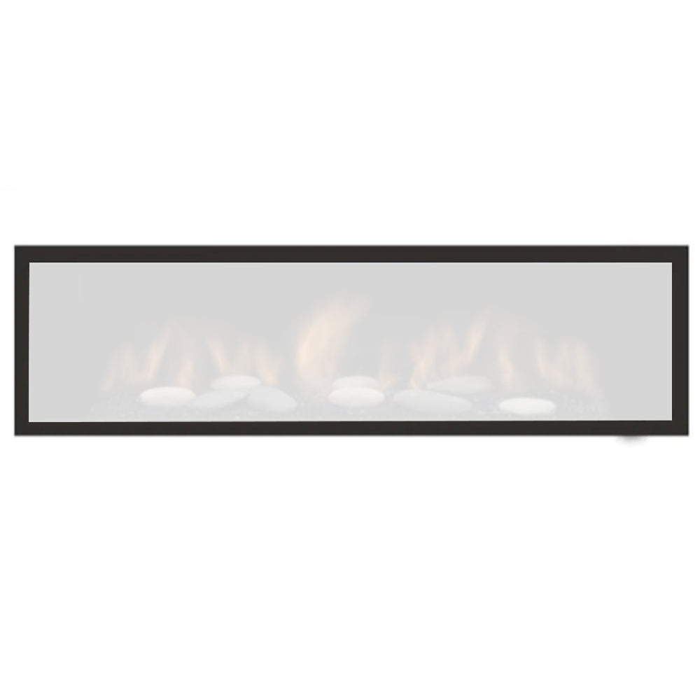 Black fireplace surround with safety barrier, rectangular frame and clear viewing panel